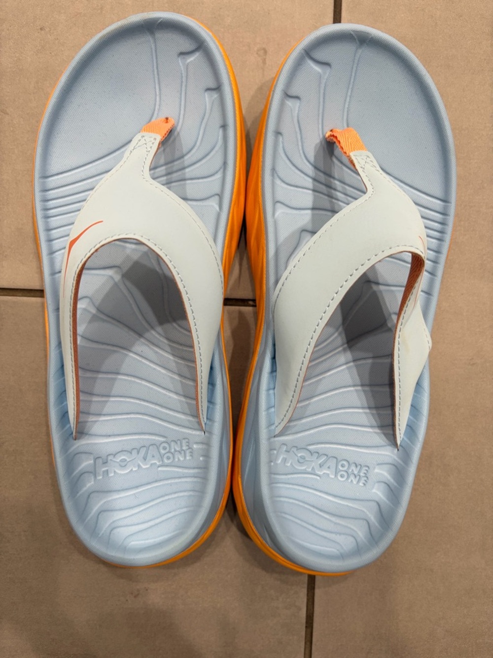 Hoka One One Light Blue & Orange Thong Sandals with White Straps